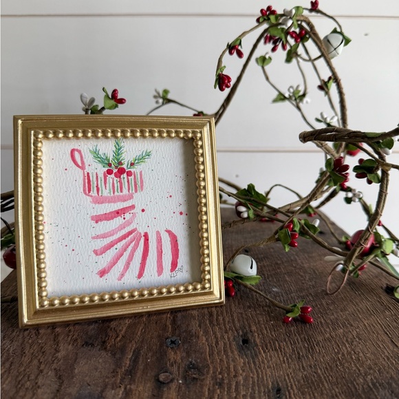 Hand Crafted Other - Festive stocking Watercolor orignial 4x4 in gold frame